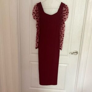 Elegant Burgundy Dress with Sheer Polka Dot Sleeves